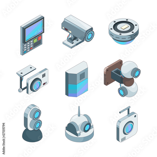 Secure cam isometric. Cctv home security cameras electronic systems vector 3d illustrations. Technology security, video system control