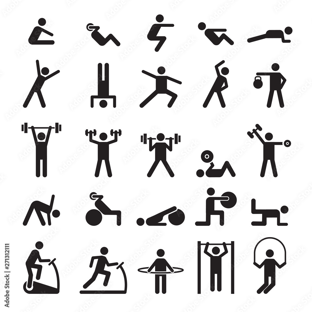 Vektorová grafika „Fitness pictogram. Characters doing exercises sport  figures vector icons and symbols. Fitness exercise, sport workout training  illustration“ ze služby Stock | Adobe Stock