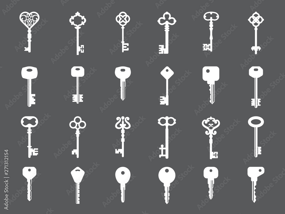 Key collection. Retro and modern house key silhouettes vector template for logo design. Set of keys white silhouette for safety house illustration Key collection. Retro and modern house key silhouettes vector template for logo design. Set of keys white silhouette for safety house illustration
