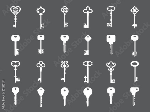 Key collection. Retro and modern house key silhouettes vector template for logo design. Set of keys white silhouette for safety house illustration