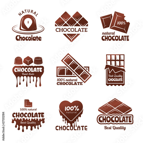 Chocolate logo. Sweets stylized badges chef and kitchen cooking desserts concept vector illustrations. Chocolate sweet and dessert, label and badge for menu of pastry