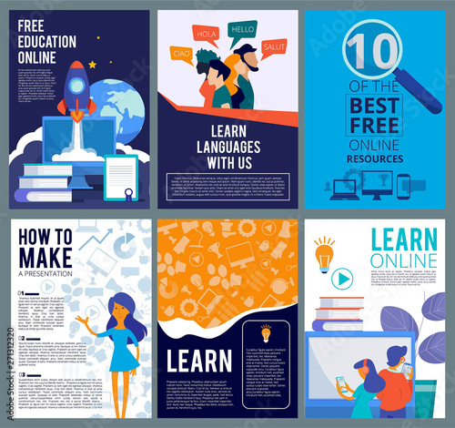 Online education flyers. Brochure cover template of internet distance learning webinar presentation posters template. Illustration of brochure or flyer, webinar online, distance education