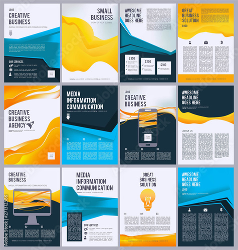 Business flyer template. Colored pages of ads product brochure with place for text vector design collection. Brochure page, flyer presentation, catalog mockup illustration