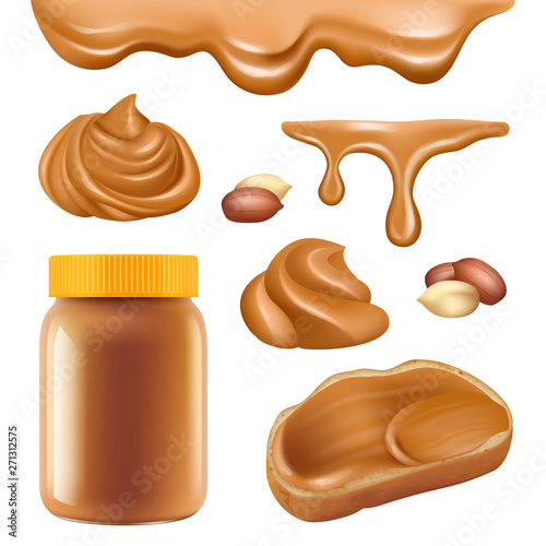 Peanut butter. Healthy dessert chocolate protein oily cream for sandwich spread caramel food vector realistic pictures. Dessert sweet chocolate, snack 3d chocolate butter swirl illustration