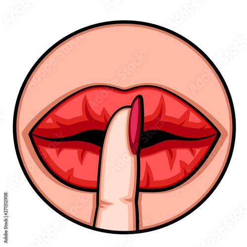 Red female lips covered with a finger say shhh. Logo on a white