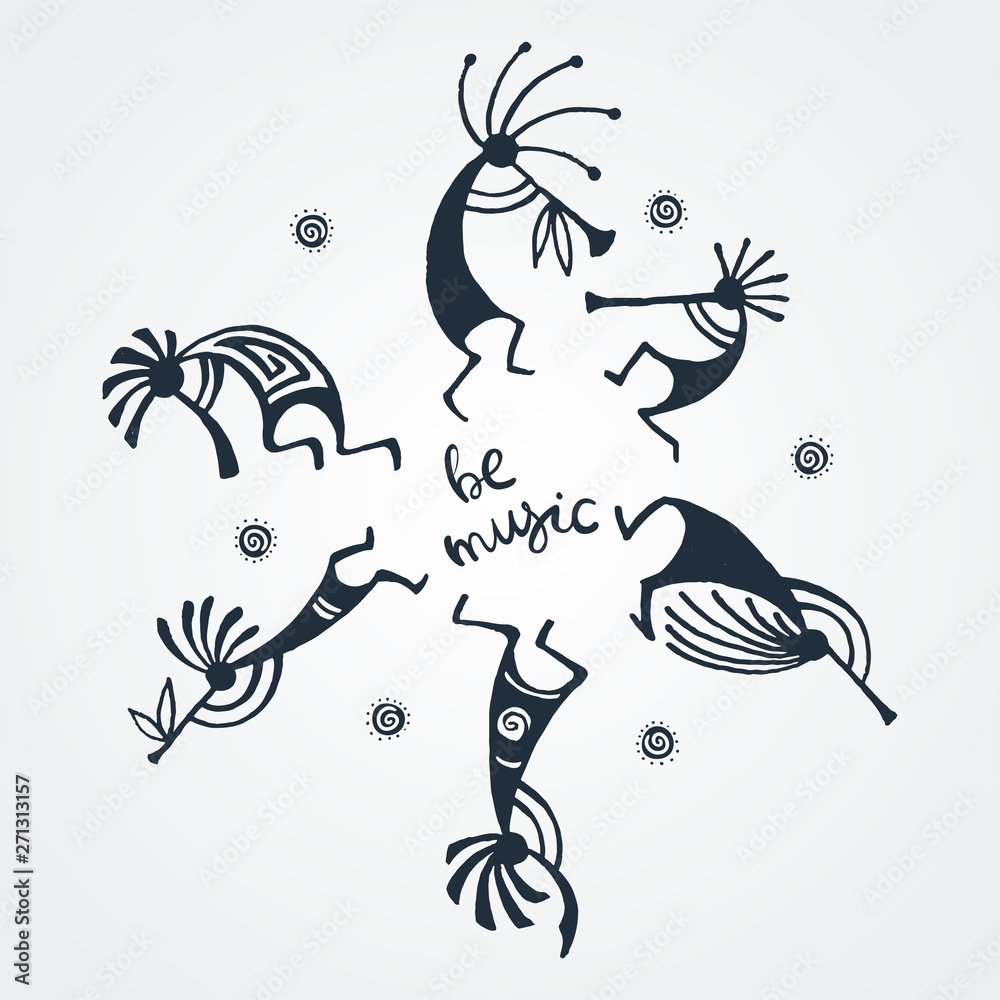 Naklejka premium Hand drawn Kokopelli circle. Stylized mythical characters playing flutes.