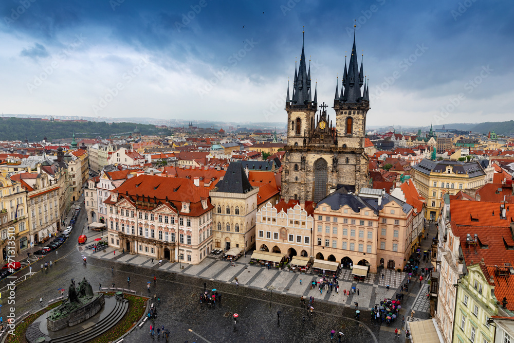 Fototapeta premium aerial view with dramatic sky over old town square in prague czech republic