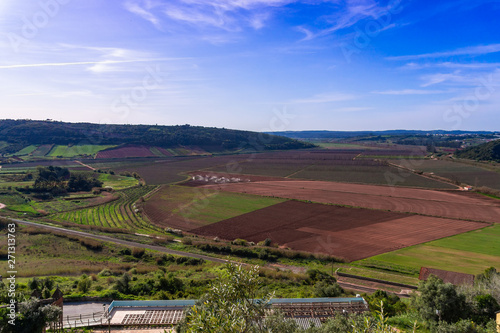 Aerial view of a farm field with blue sky in background. Portugal