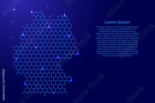 Germany map from futuristic hexagonal shapes, lines, points  blue and glowing stars in nodes, form of honeycomb or molecular structure for banner, poster, greeting card. Vector illustration.