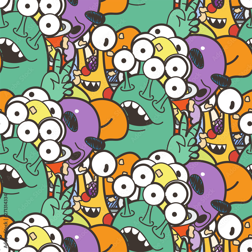 Seamless pattern with cute aliens and monsters. Nice for prints, cards, designs and coloring books