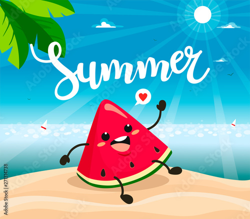Summer poster design with vector watermelon characters. Vector illustration