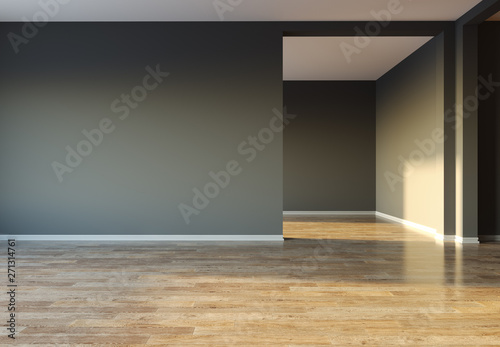 Empty room with big window and sun light. 3D illustration. 