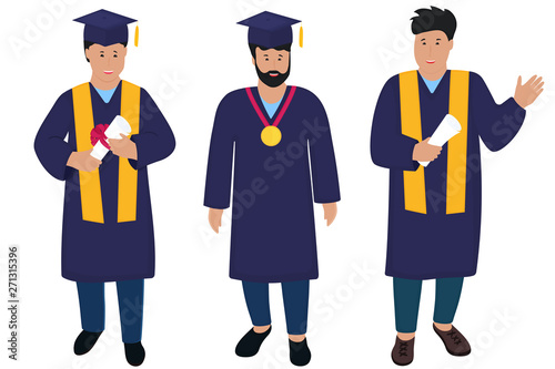 Young guy graduate in graduation gown and hats with tassels. Trendy Flat men