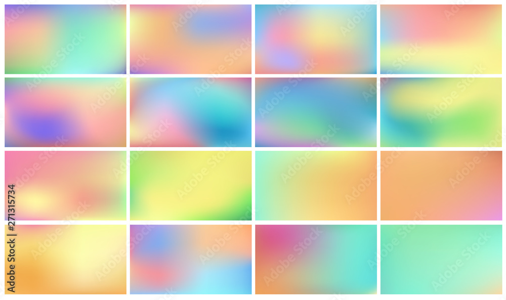 Set of colored backgrounds. Smooth and blurry abstract gradient for product presentation, brochure, flyer, poster, banner. Horizontal vector illustrations.