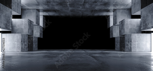 Futuristic Concrete Grunge Reflective Dark Empty Tunnel Corridor Spaceship Alien Underground White Glow Window Lights Hall Garage 3D Rendering