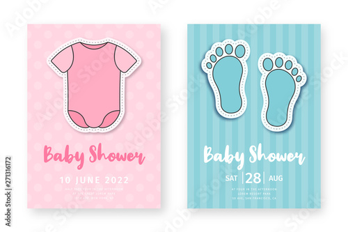 Baby shower greeting card template. Set of cute posters for birthday party, baby shower event. Pink and blue birthday cards for girls and boys with child romper and footprints