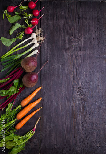 Carrots, beet, radishes, onions, garlic, spinach - root vegetables on a black wooden background. Summer farm vegetables. Food background, layout, room for text