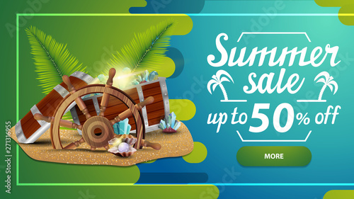Summer sale, discount web banner for your site in a modern style with button, beautiful lettering, treasure chest, ship steering wheel, palm leaves, gems and pearls