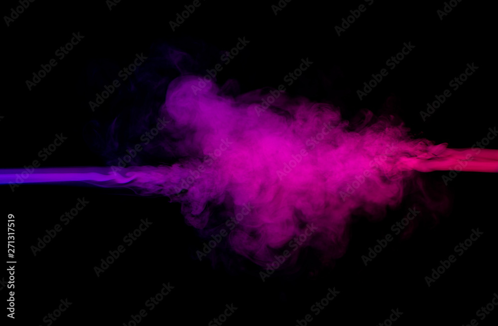 resistance of blue and red smoke in blowing motion isolated on black background
