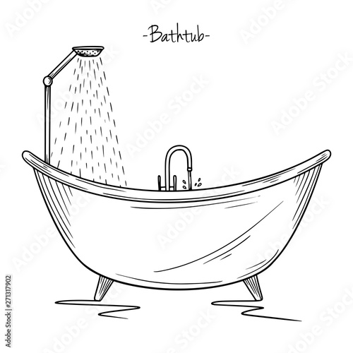 Sketch bath with shower. Illustration in sketch style.