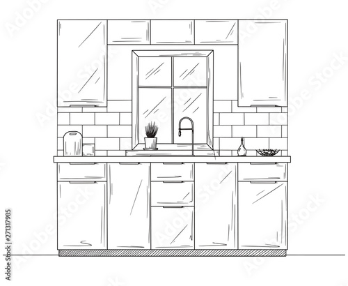 Kitchen interier. Kitchen furniture with a window opposite the sink. Vector