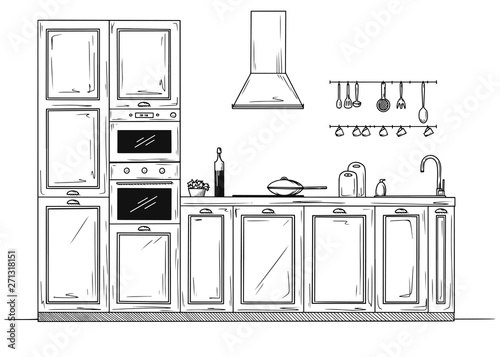 Sketch of the kitchen, front view. Vector