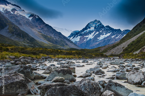 Glacial waters on Hooker Valley Trail, Mount Cook National Park, New Zealand.