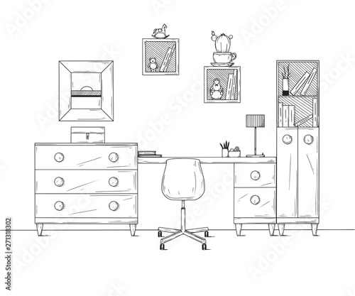 Sketch the room. Office chair  desk  various objects on the table. Sketch workspace. Vector