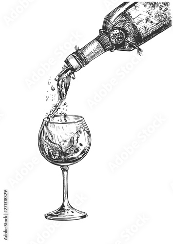 Bottle, wine glass with liquid effect
