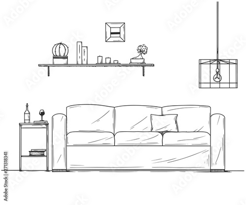 Interior in sketch style. Sofa, bedside table, lamp and shelf with plants.