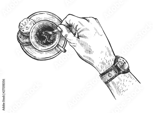 Sketch coffee cup in casual male hand