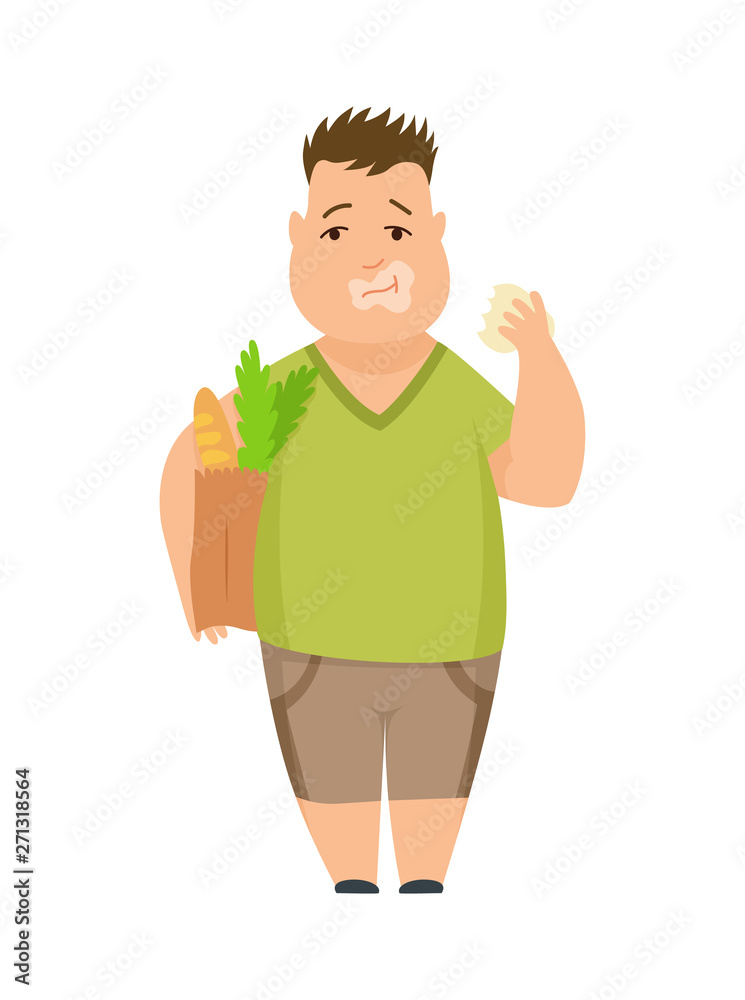 Overweight boy cute chubby child cartoon characters eating fast food vector Illustration on a white background. Overweight boy cute chubby child cartoon characters eating fast food vector Illustration on a white background.