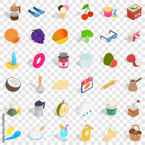 Tea time icons set. Isometric style of 36 tea time vector icons for web for any design