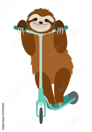 Cute sloth riding electric kick scooter. Funny cartoon animal riding a scooter isolated on white background. Vector illustration.