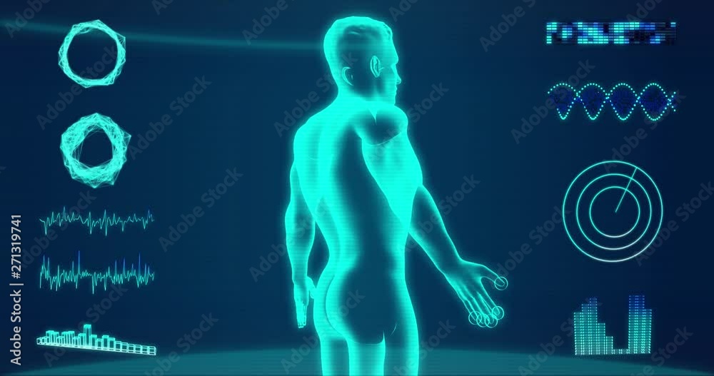 Futuristic x-ray of a man body rotating under a blue Hud interface 3d rendering Futuristic x-ray of a man body rotating under a blue Hud interface 3d rendering