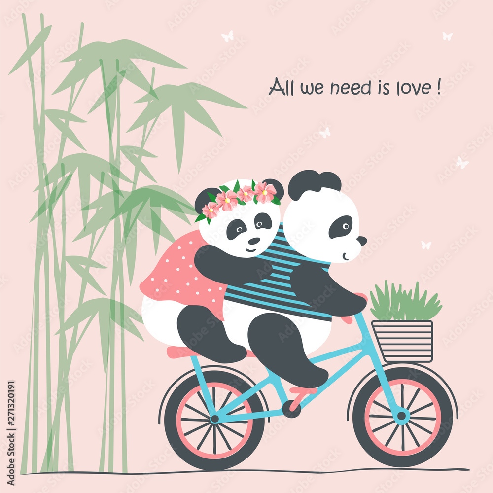 vector illustration of two cute Panda bear riding a bike,couple in love on  a Bicycle,cartoon design Stock Vector | Adobe Stock