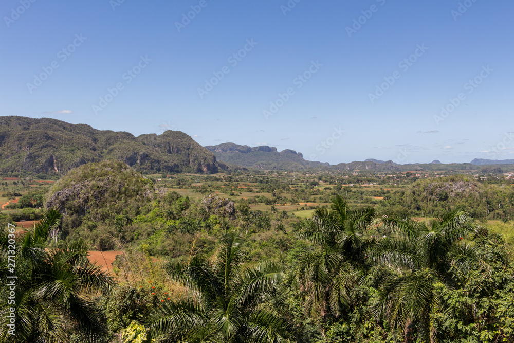 Panoramic view over the scenic landscape with mogotes on a bright sunny, day with clear blue sky in Vinales Valley, Cuba. Area best know for tobacco plantations.