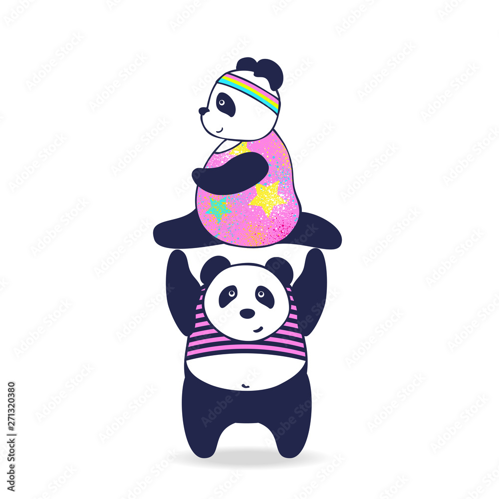 vector illustration two cute panda acrobats, funny animals play sports, cartoon design vector illustration two cute panda acrobats, funny animals play sports, cartoon design