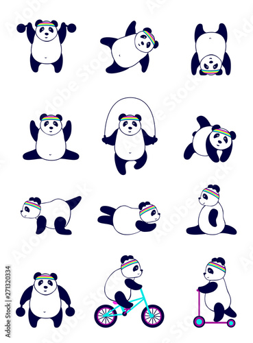 vector Panda sports set, cute bear in different poses isolated on white background, cartoon design