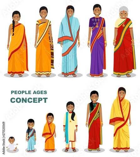 East people generations at different ages isolated on white background in flat style. Indian woman aging: baby, child, teenager, young, adult, old people. Vector illustration.