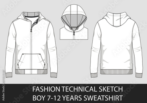 Fashion technical sketch for boy 7-12 years sweatshirt with hood