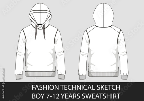 Fashion technical sketch for boy 7-12 years sweatshirt with hood