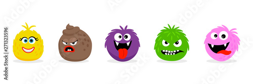 Monster faces emoticons. Vector cartoon funny angry and smile cartoon emojis. Illustration of angry monster face, emoji character smile