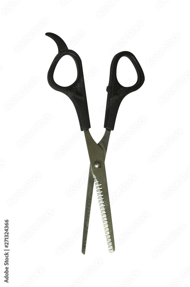 Black professional scissors for cutting. Isolated object on white background. Working tool of a hairdresser. Black professional scissors for cutting. Isolated object on white background. Working tool of a hairdresser.