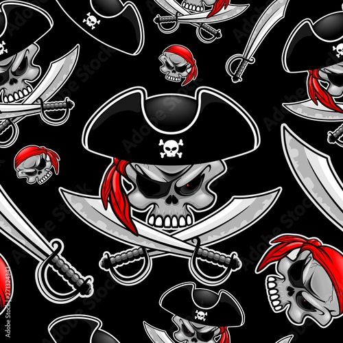 Skull Pirate Captain with Crossed Sabers Vector Seamless Pattern