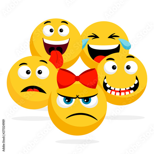 Yellow faces emoticons vector illustration. Happy, smile and angry emojis concept. Happy smile yellow, emoticon and emoji, laugh and cry