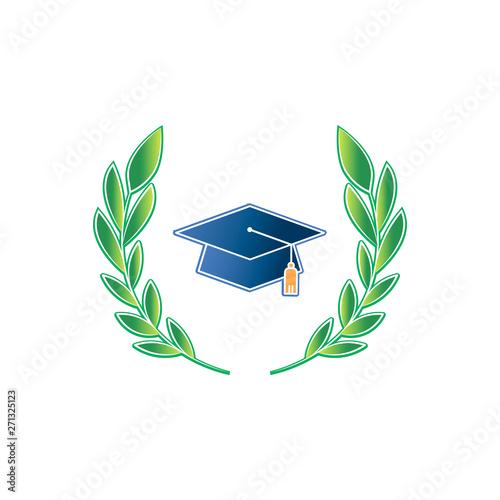 Blue mortar board vector icon with green laurel. Great for infographics, online education and learning achievements. - Vector