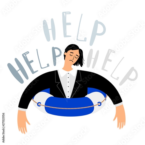 Woman in lifebuoy call for help vector. Help emergency people. Vector illustration