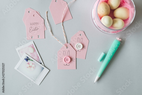 Pink Easter Gift tags on the desk from above