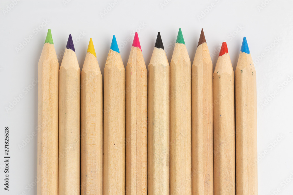 Obraz premium Color pencils are on the white table.